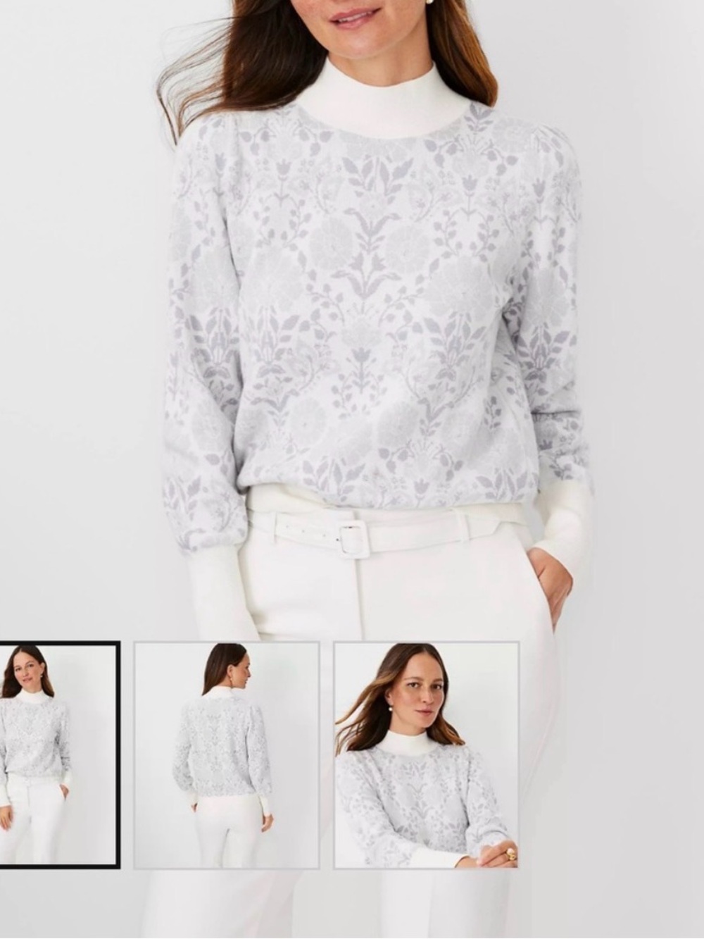 Ann Taylor Light Gray Floral Turtleneck Sweater